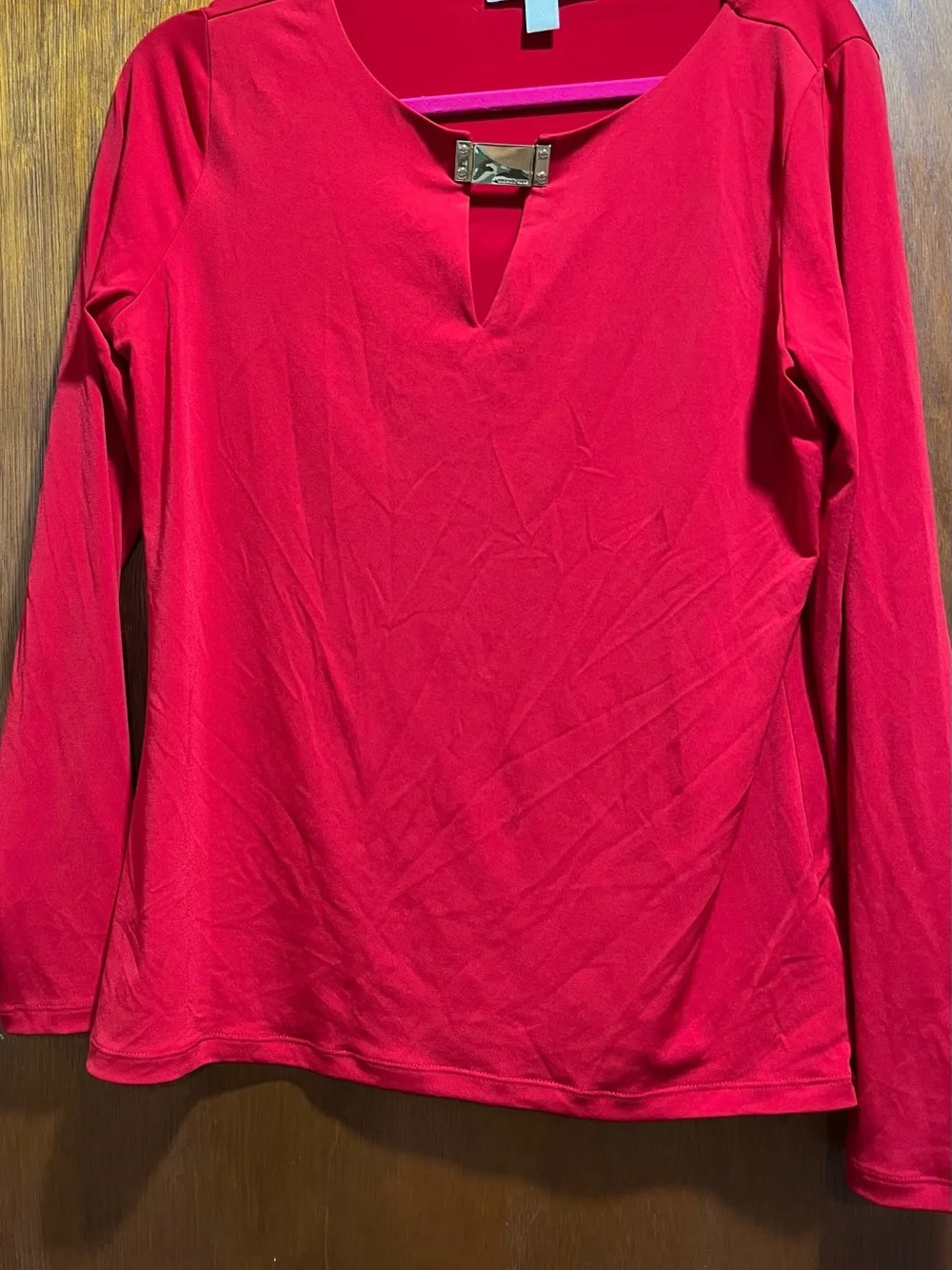 Michael Kors Women’s Long-Sleeve Keyhole Top in Red with Gold Accent